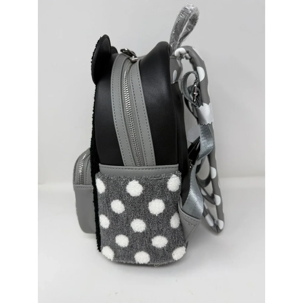 Loungefly Disney Minnie Mouse Vintage Polka Dot Sherpa Mini Backpack Black Grey